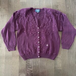 Vintage 90's Best American Floral Crochet Cardigan Scalloped Romantic Purple‎ L